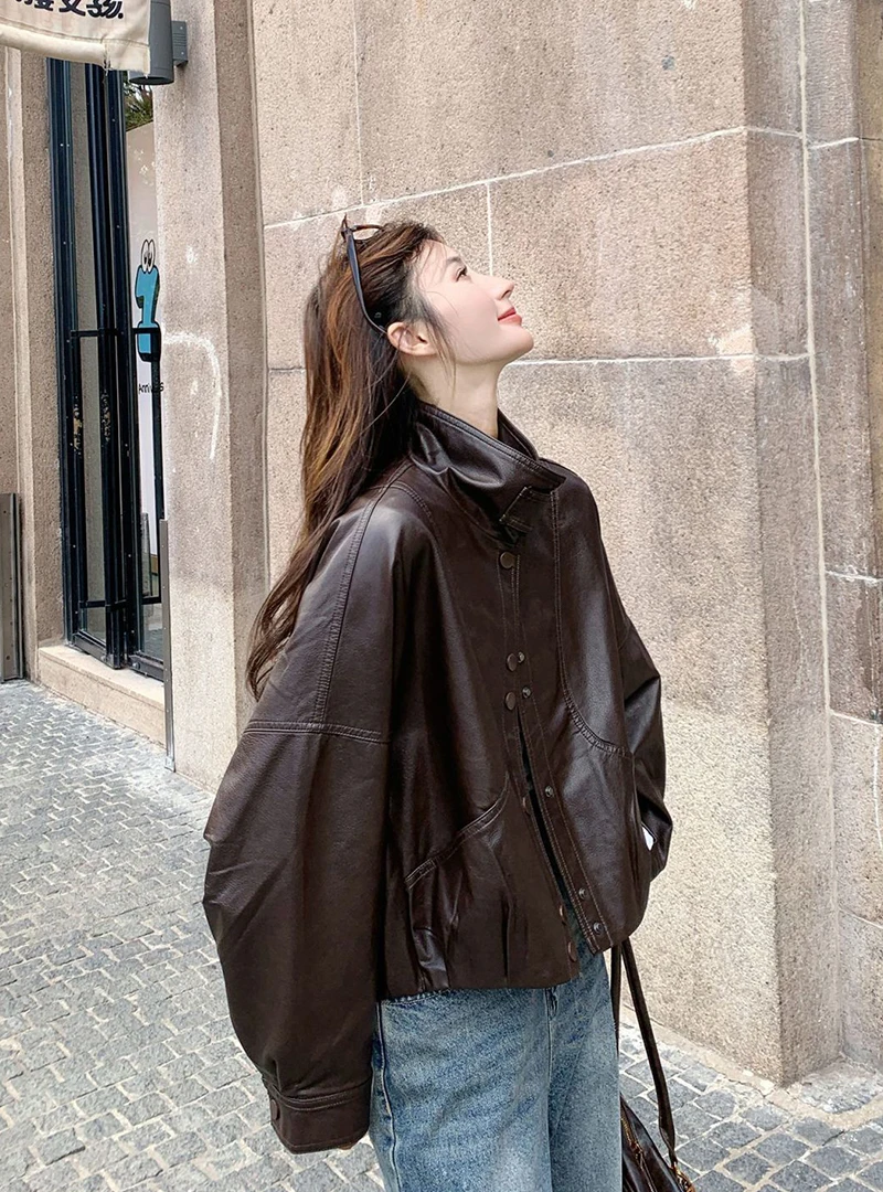 Women Faux Leather Jacket Stand Collar Snap Button Coat Oversized Drop Shoulder Bomber Y2K Retro Streetwear Autumn Outerwear Top