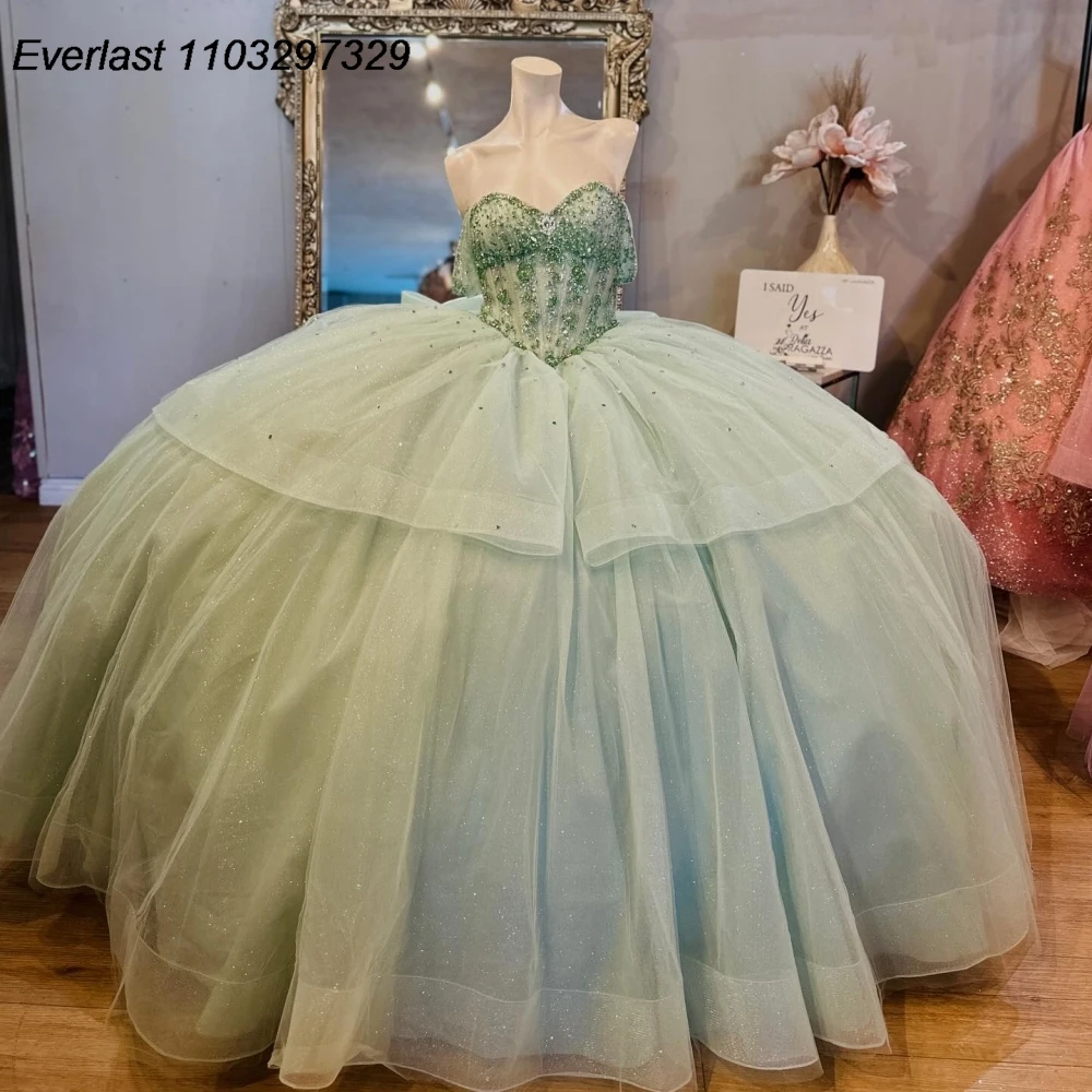 EVLAST personalizado verde salvia Vestido para quinceañeras Vestido De baile Apliques De encaje rebordear corsé escalonado dulce 16 Vestido De 15 Anos TQD987