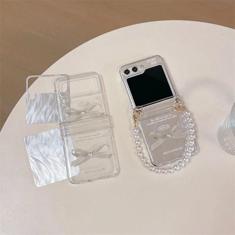 Z Flip6 Case Cute 3d Pearl Bow Clear Case For Samsung Galaxy Z Flip 6 Zflip5 Zflip4 3 With Silver Cardboard and Chain