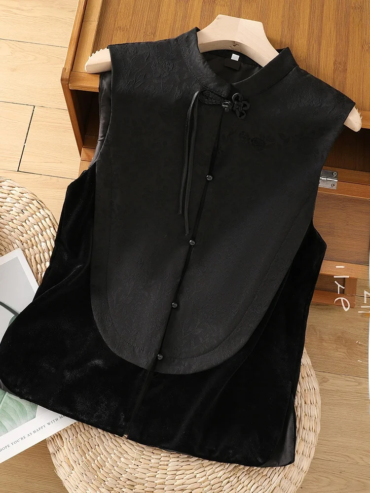 

Bla Velvet Patchwork Women's Vest Spring Autumn New Chinese Retro High-End Feelings Wind Embroidery Jaet Top Button up