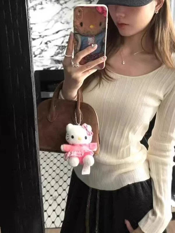 

Корейская женская облегающая трикотажная футболка Sle Long Sve U-Ne, внутренняя одежда, мягкий удобный весенне-осенний топ