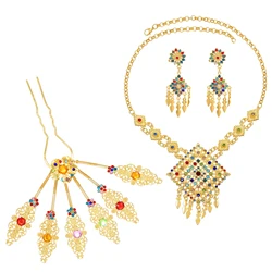 Fashion India Thai Jewelry Set Gold Plated Large Leaf Hair Fork Hairpin Square Hollow Crystal Flower Necklace Earrings for Women