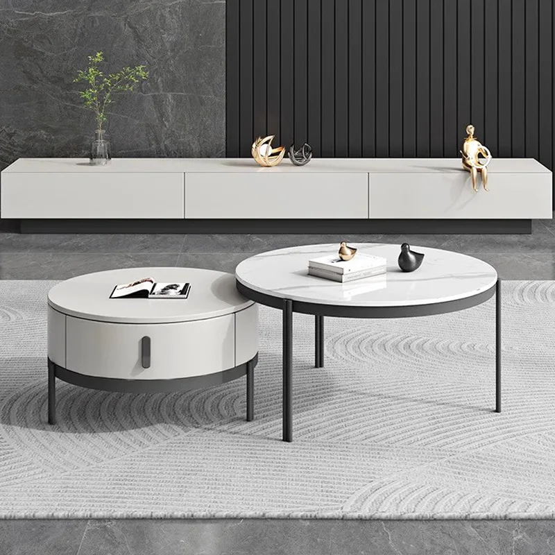 طاولة القهوة الفاخرة الاسكندنافية وحامل التلفزيون مجموعة الحديثة الحد الأدنى قابل للسحب لوحة الصخور المستديرة - أثاث غرفة المعيشة المصممة FYCT