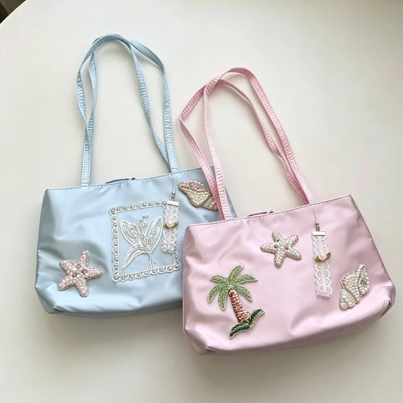 Satin Embroidered Shoulder Bag Lightweight Large-capacity Tote Bag Fashion Y2k Hot Girl Handbag Pearl Decor Island Resort Bag