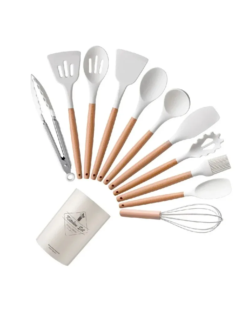 

Набор силиконовых кухонных принадлежностей из 12 предметов: лопатки, венчики, лопатки для яиц с деревянными ручками, антипригарные кухонные инструменты для дома и кухни