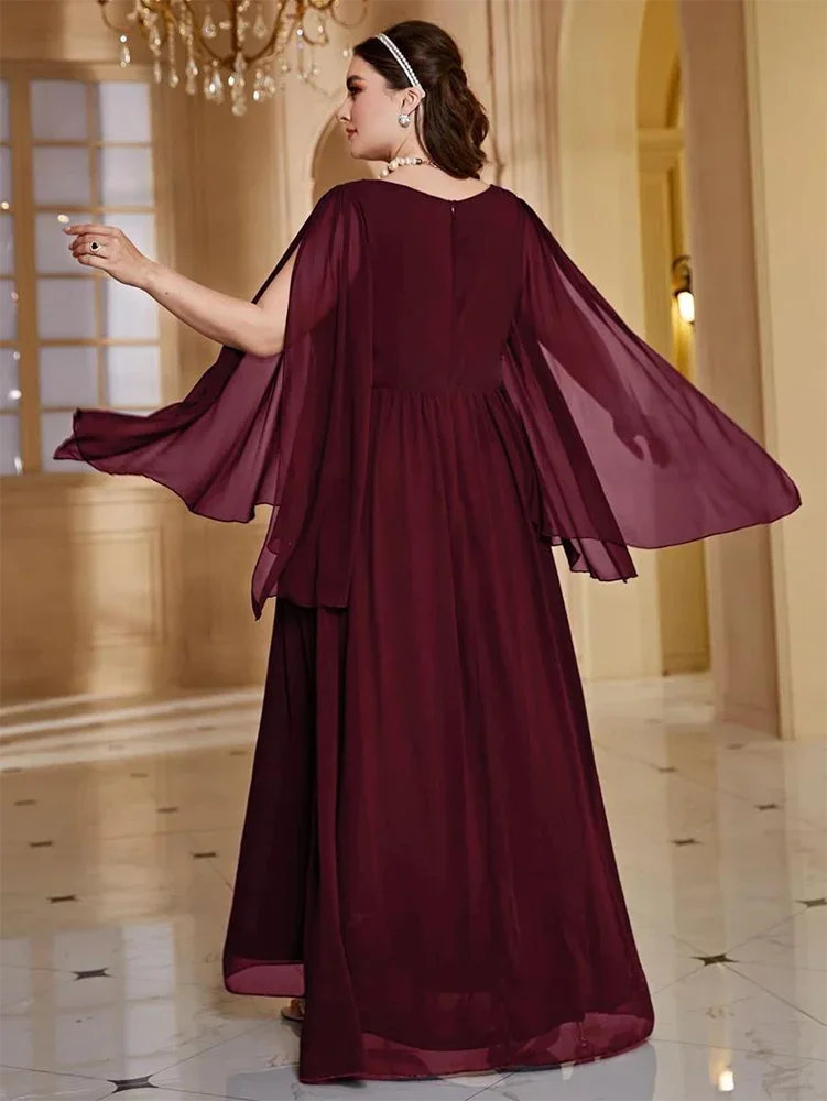 S-7xl V-Neck Shawl Multi-Layer Chiffon Wedding Burgundy Loose Evening Dress Ladies Banquet Bridesmaid Plus Size Evening Dress