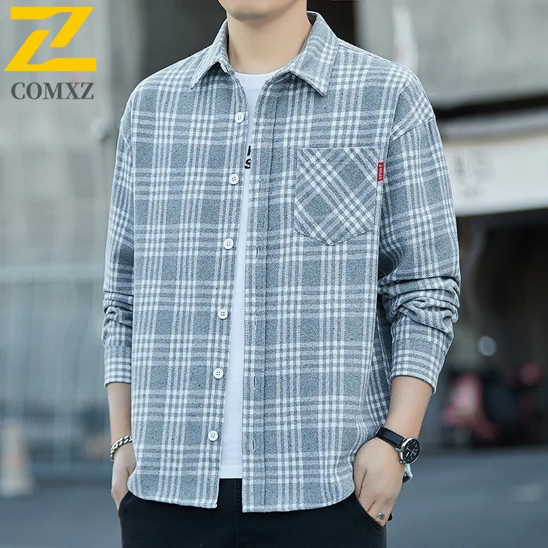 

COMXZ 2025 Mens Jacket Plus Size Plaid Shirt Casual Business Light Luxury Leisure Handsome Coat Windproof Outerwear Baggy Autumn