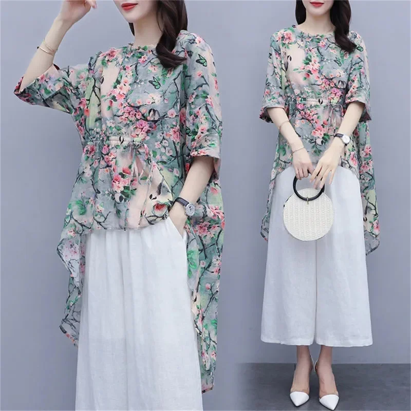 Single/Sets 2024 Summer New Female Korean Fashion Two Piece Overpants Casual Top Chiffon Wide Leg Pants Set For Women