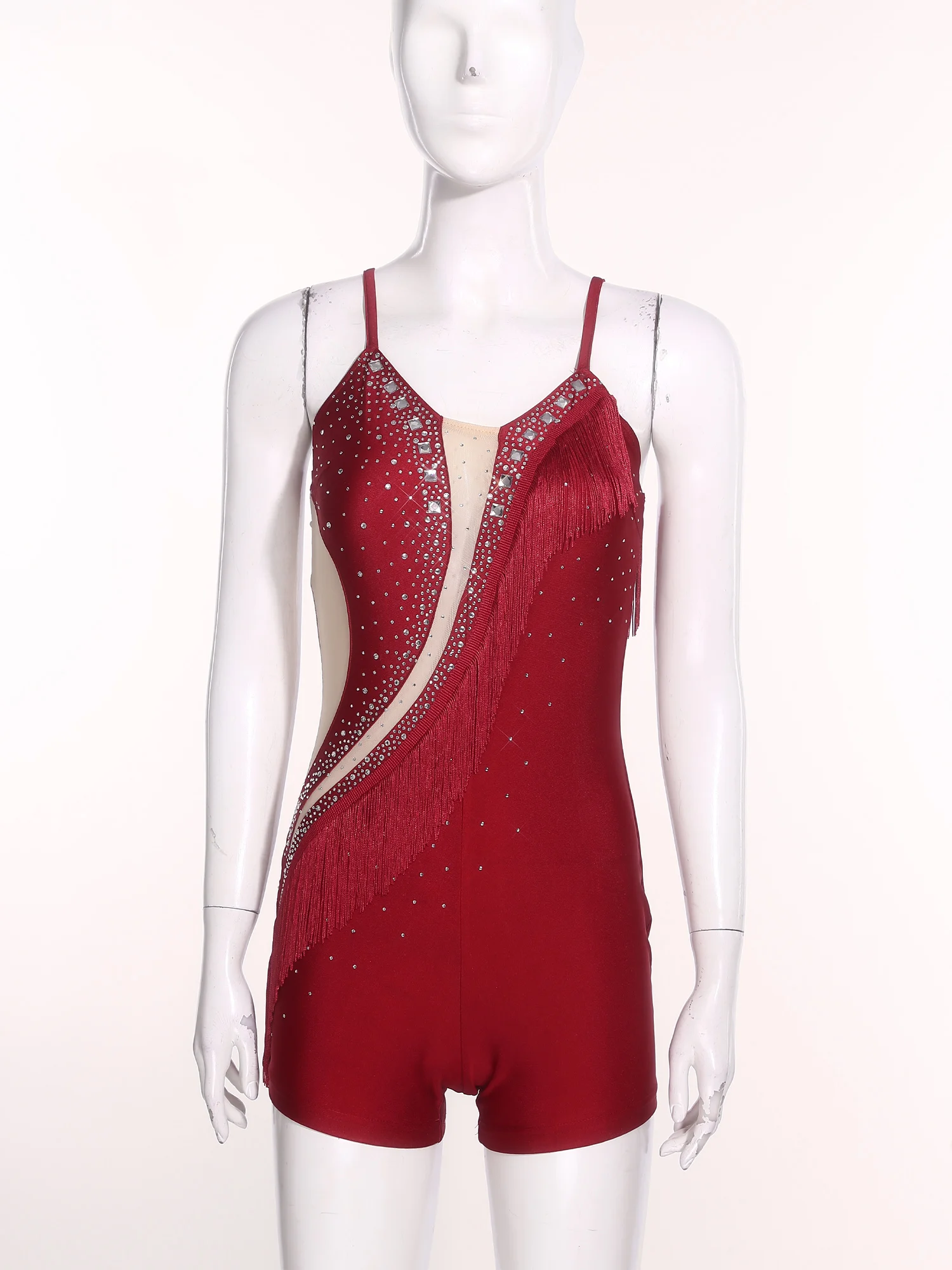 Mulheres dança latina collant vestido strass cha-cha samba tango trajes borla menino-shorts pernas uma peça bodysuit dancewear