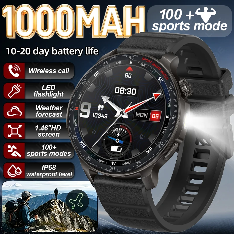 Tactical Fitness Smart Watch for Men 1000mAh Battery 1.46" Display Waterproof 100+ Sports Mode Heart Rate Monitor LED Flashlight