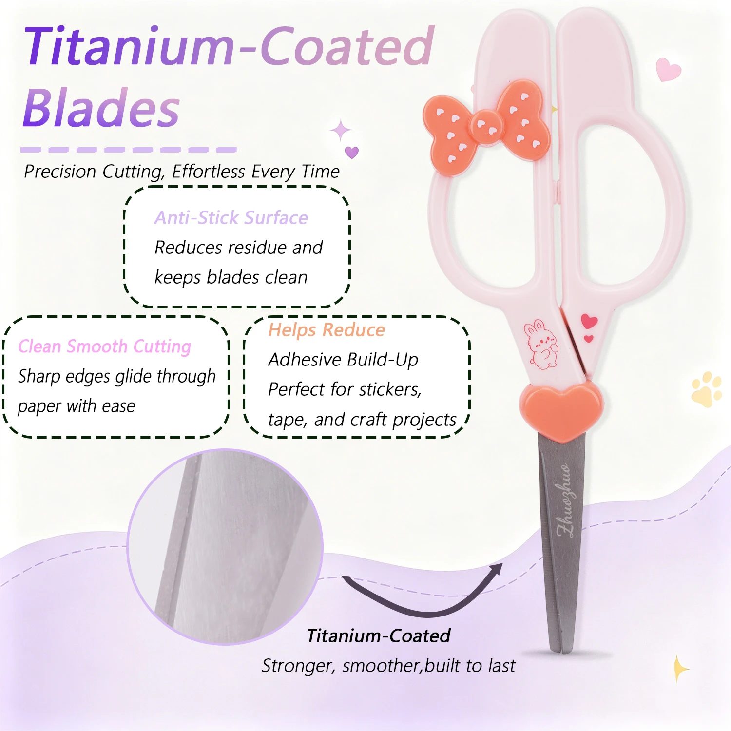 ZHUOZHUO Cute Craft Scissors, 7.28-Inch Titanium-Coated Paper Scissors for Stickers, Tape, School and Office Supplies