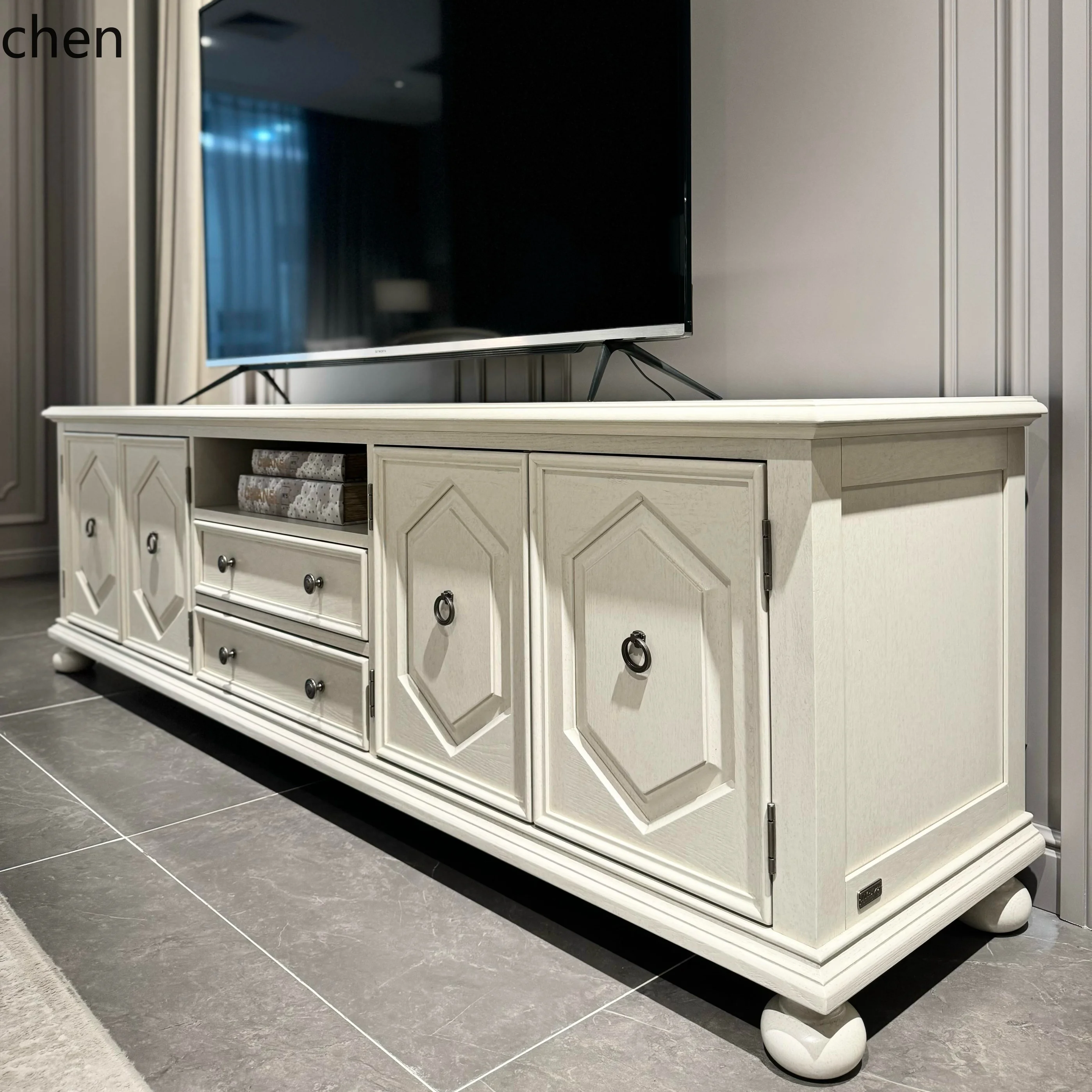 

ZML retro old living room TV cabinet solid wood Athens white storage cabinet