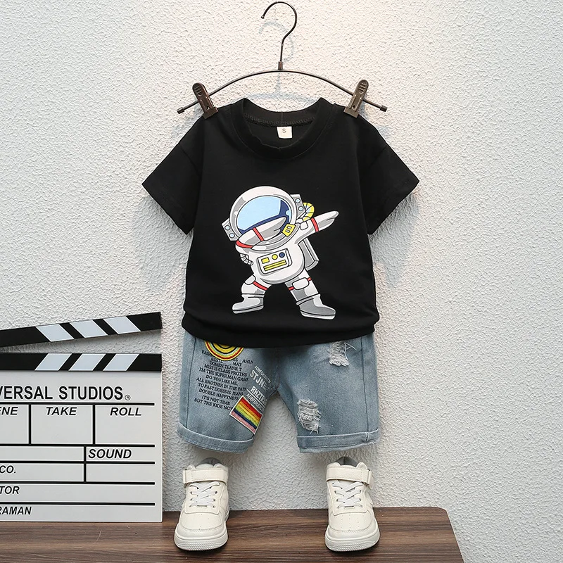 Children Sets Sale Price Boys' Suit Casual Short-sleeved T-shirt+ripped Jeans Astronaut Cartoon Print Two-piece Set