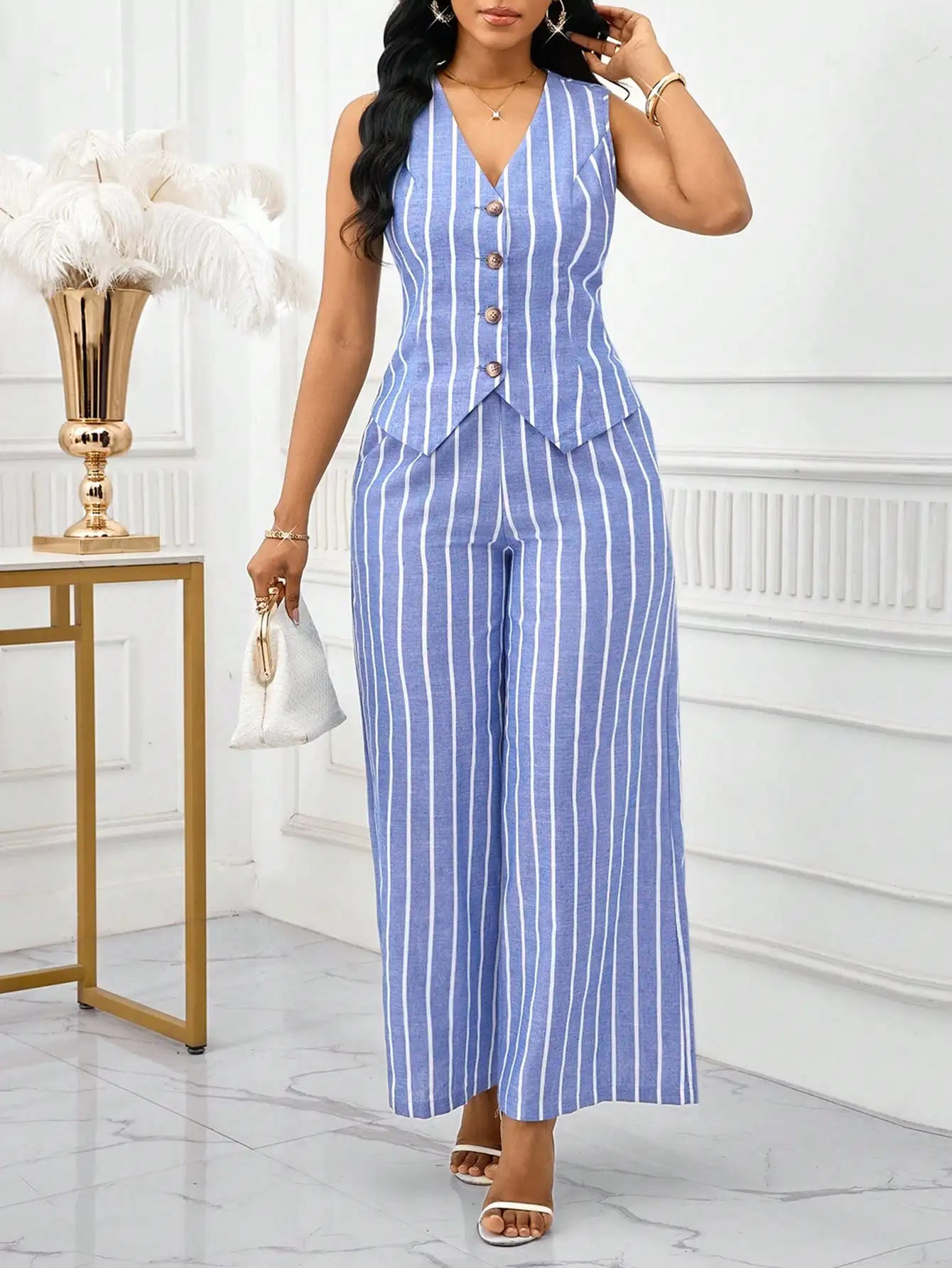 

Blue and White Striped Sleeveless Vest & Wide-Leg Pants Set, Office to Evening Wear