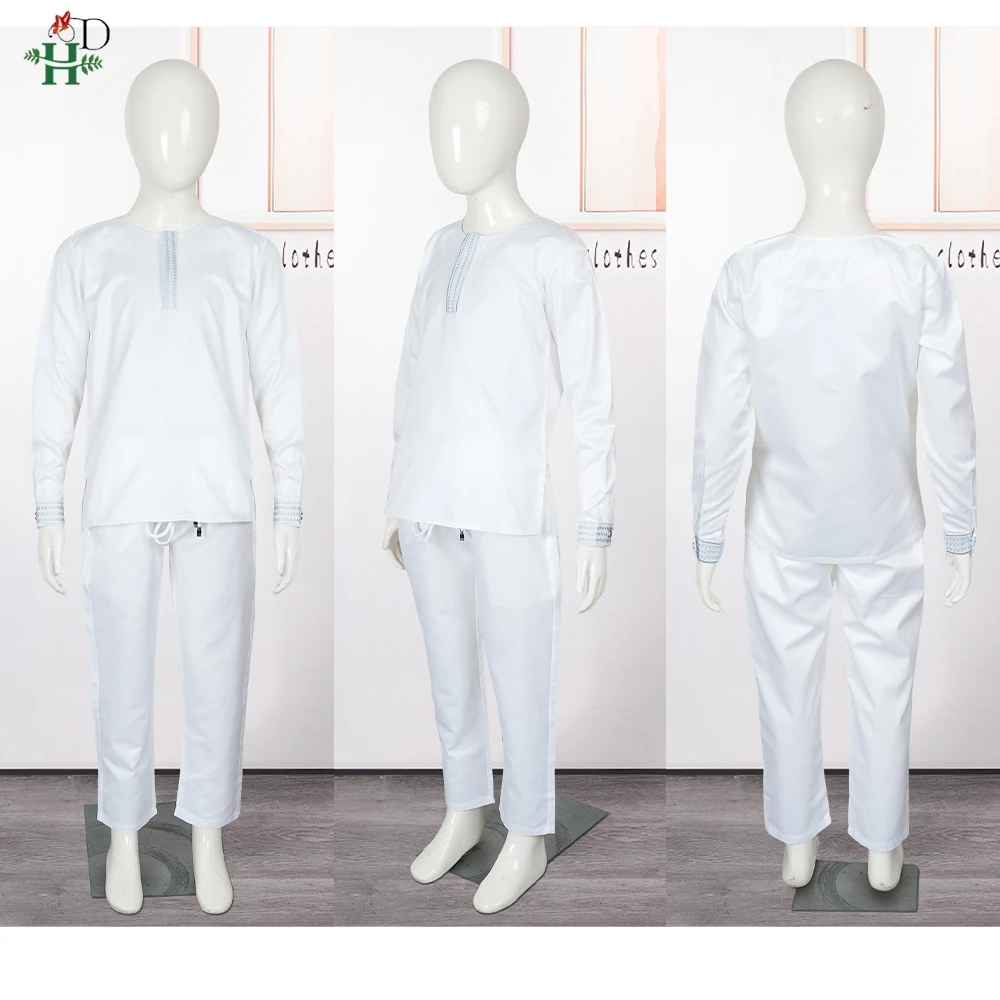 2025 New African Dresses For Kid Boy Traditional Embroidery Suits Tops and Pants 3PCS White Thobe Muslim Robe Child Wedding Wear