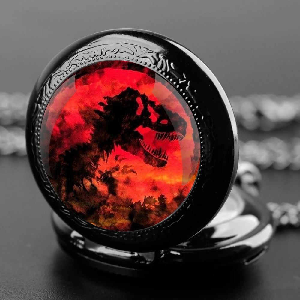 Dinosaur Glass Dome Quartz Pocket Watch With Durable Chain Arabic Numeral Dial Halloween Gifts for Men Women Kids