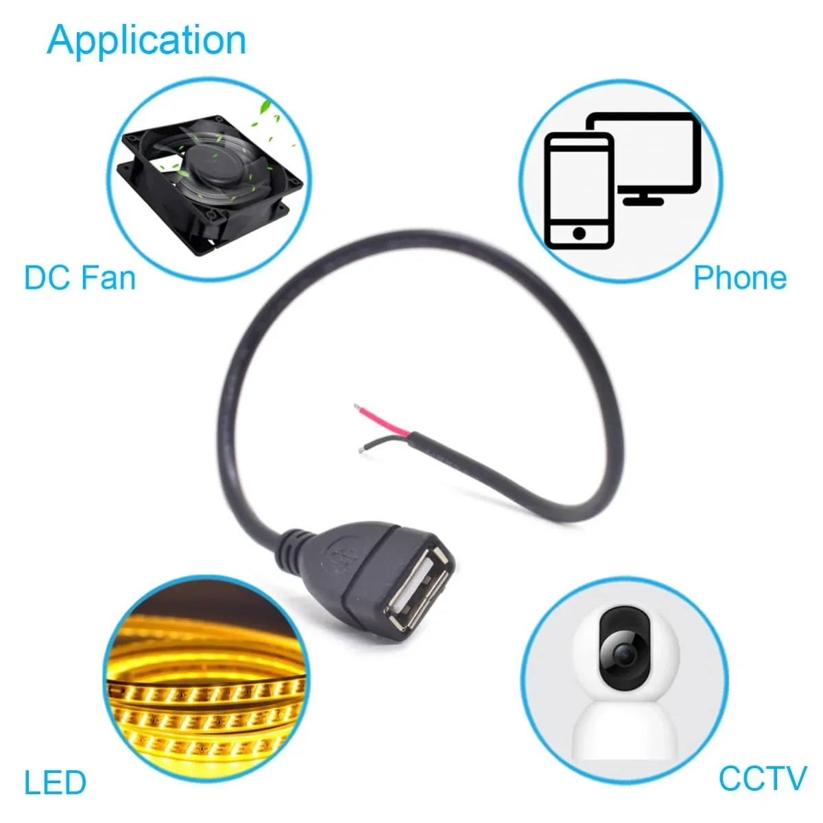 USB Female Pigtail 2 Pin USB DIY 2 Wire 20AWG USB 2.0 Plug to Bare Open End Cable Power 5V 5A with 2-Position Spring Connector