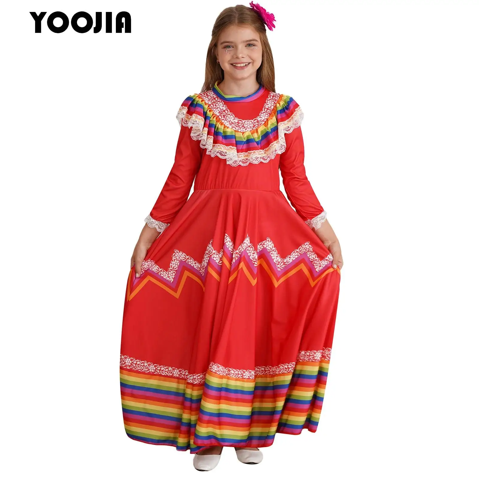 Traditionelles mexikanisches Folk-Kleid für Mädchen, mexikanisches Festival, Feier, langes, breites Swing-Kostüm, Halloween-Karnevalskostüme