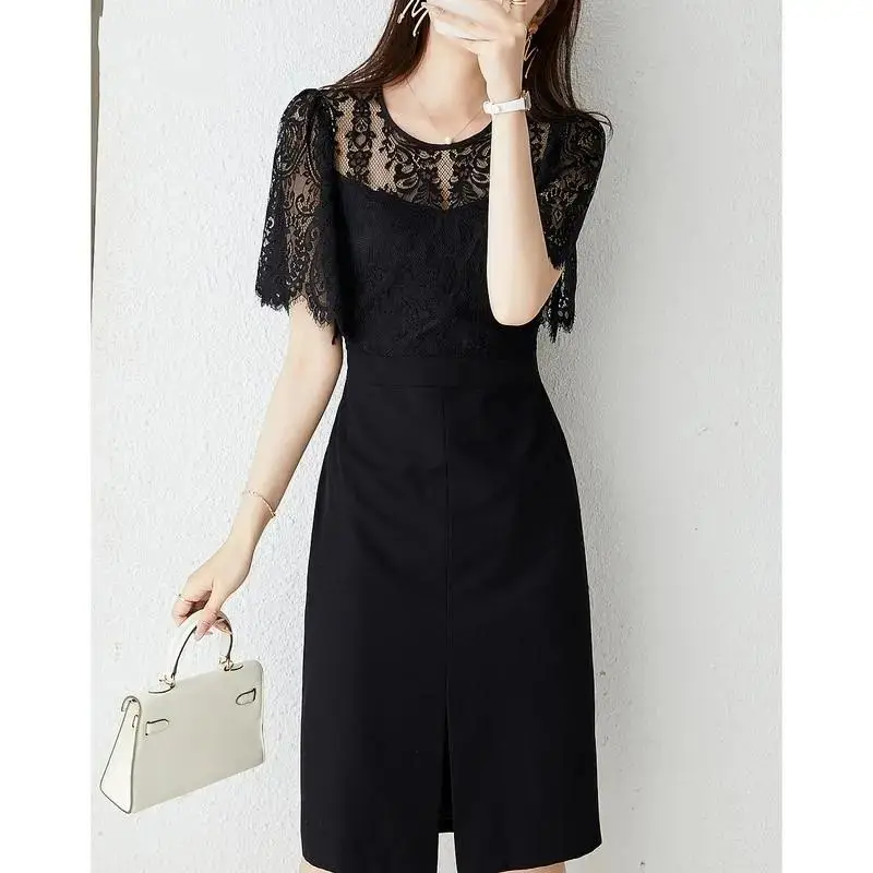 Elegant O-Neck Spliced Lace Fake Two Pieces Prom Dresses Women's Clothing Summer New Loose Solid Color Chic Party Dress