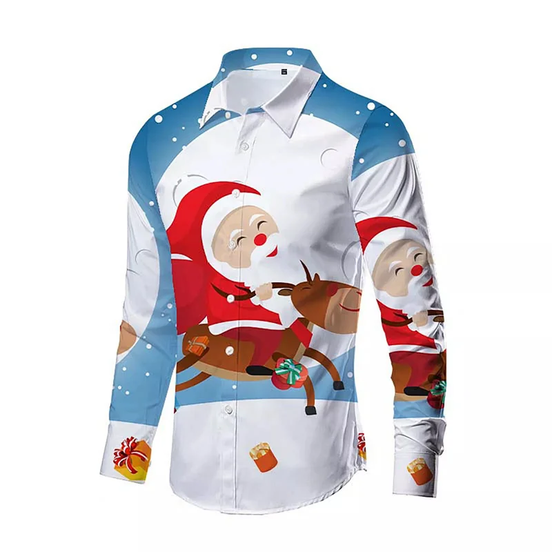 

Classic casual collar long sleeved men's high-end shirt top printed street party social Santa Claus holiday fashion 2024 men's s