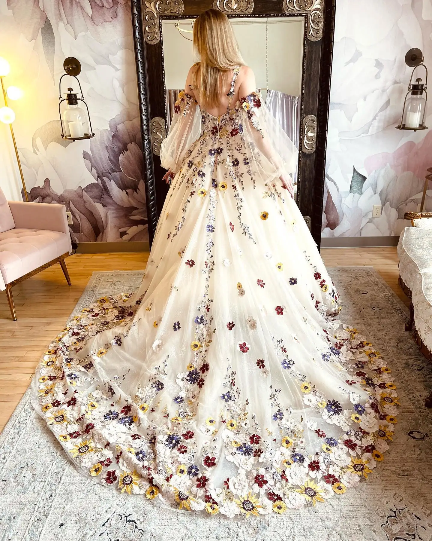 Sweetheart Puff Sleeves Long Tail 3D Flowers Champagne Chubby Elegant Party Dresses Customized for Wedding Evening Woman Gala