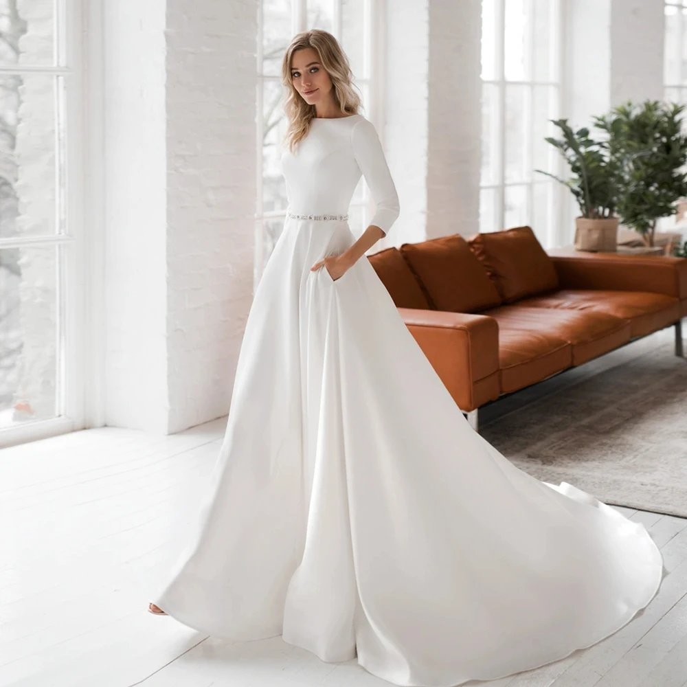 

Атласные свадебные платья по индивидуальному заказу с карманом, 2025, цвета слоновой кости, пояс с бисером, свадебные платья, женские новые летние платья Vestido De Novia