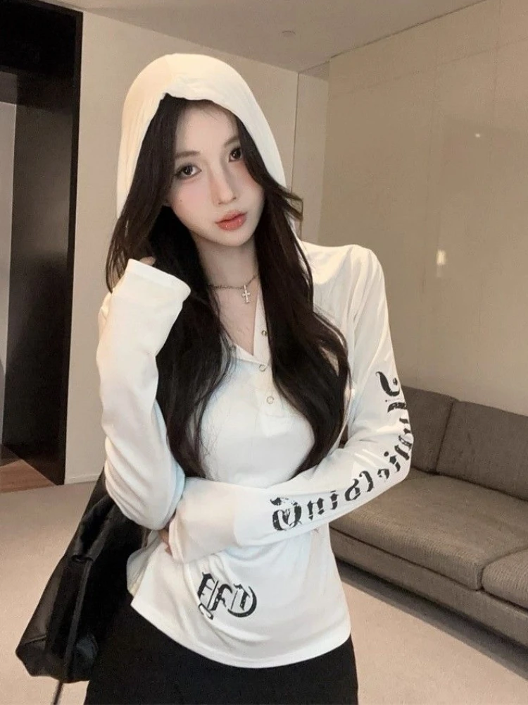 Y2k Gothic Aesthetic Hooded Sweatshirt Long Sleeve Hoodie Women's Grunge Slim T-Shirt Trendy Vintage Harajuku Hoodies Tshirt