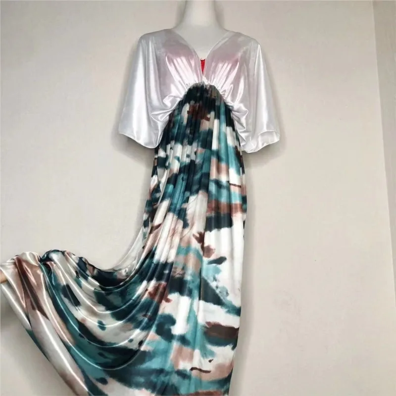 Plus Size Glossy Blue Floral Print Ruffles Satin Short Sleeve Dress Loose Maxi Dress Silky Touch Elastic Waist Elegant Dresses