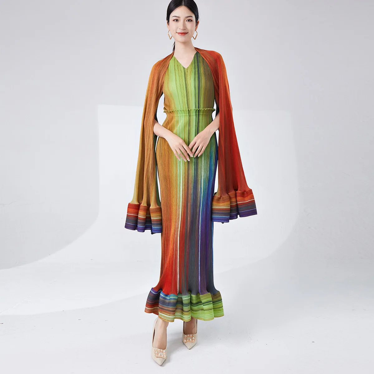 Gradient Shawl Pleated Long Dress, Elegant and Slimming Two-Piece Dress, High-End Formal Dress