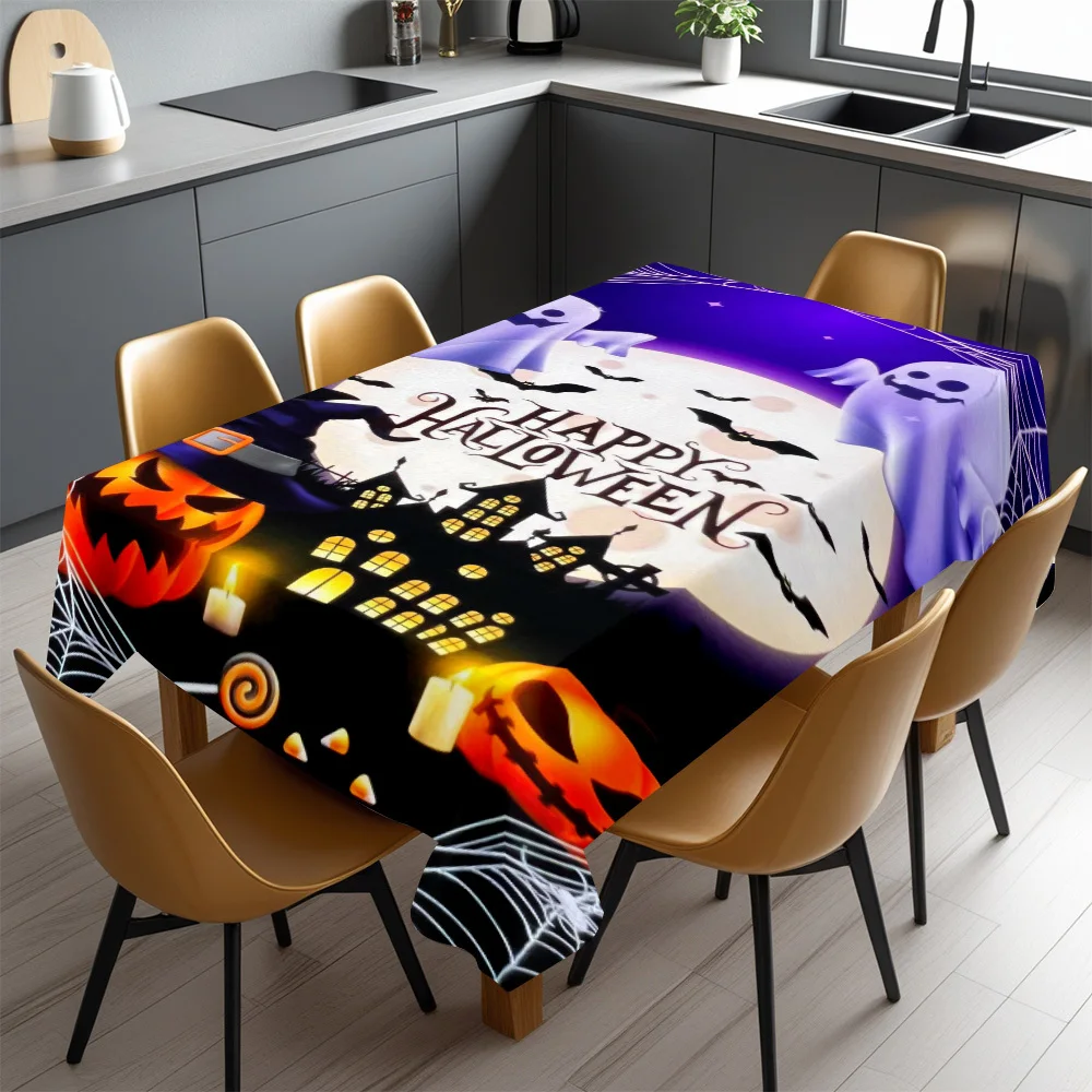 Halloween Rectangle Table Cloth Happy Halloween Haunted House Ghost Pumpkin Table Cover Washable Tablecloth Holiday Party Decor