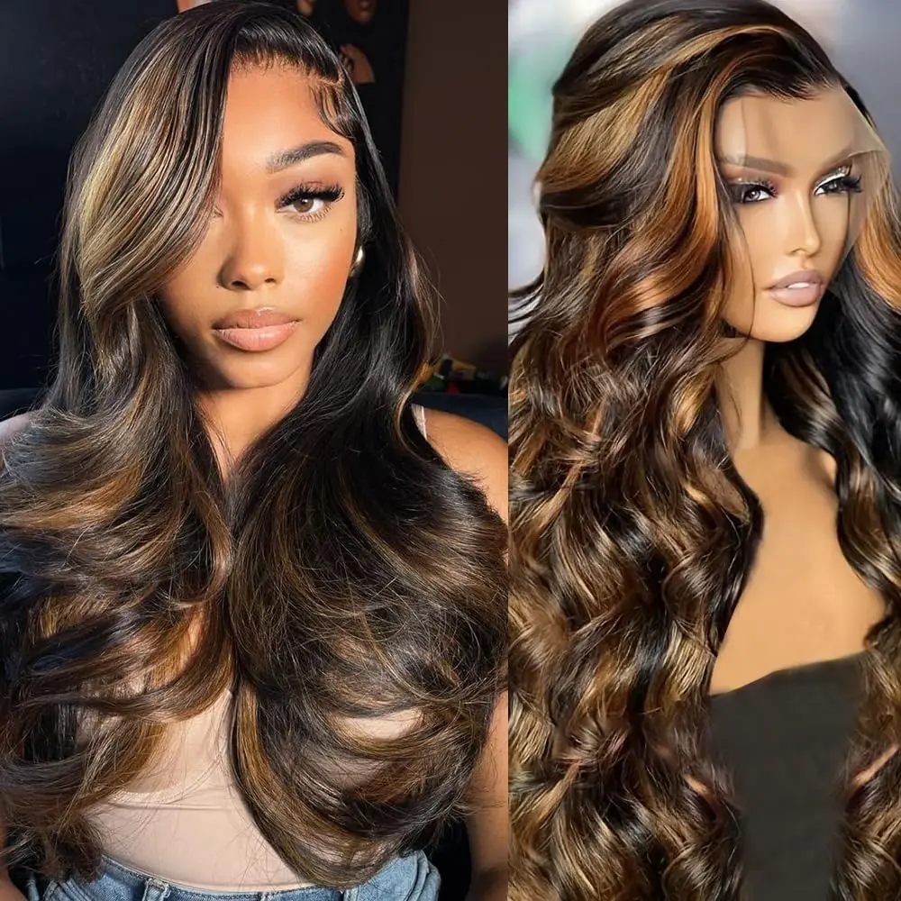 Highlight Lace Front Wig Human Hair 24 Inch Balayage 1B/30 Highlight Ombre 13x4 HD Transparent Lace Frontal Wigs For Women