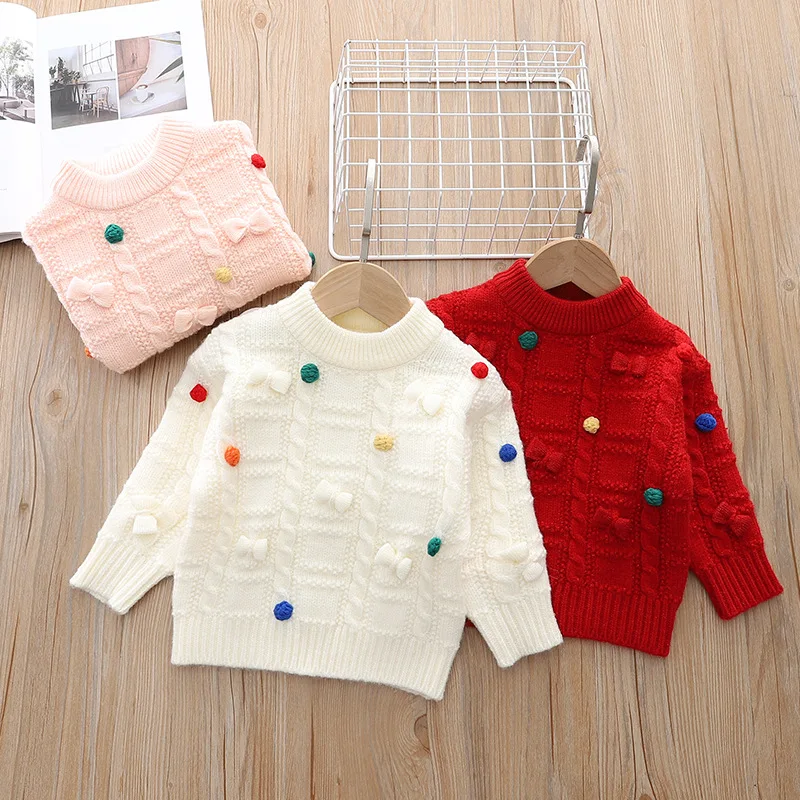 

Round Necked Sweater for Women Loose Knit Inner Layer Pullover for Infants and Young Girls Handmade Wool Ball Butterfly Sweater
