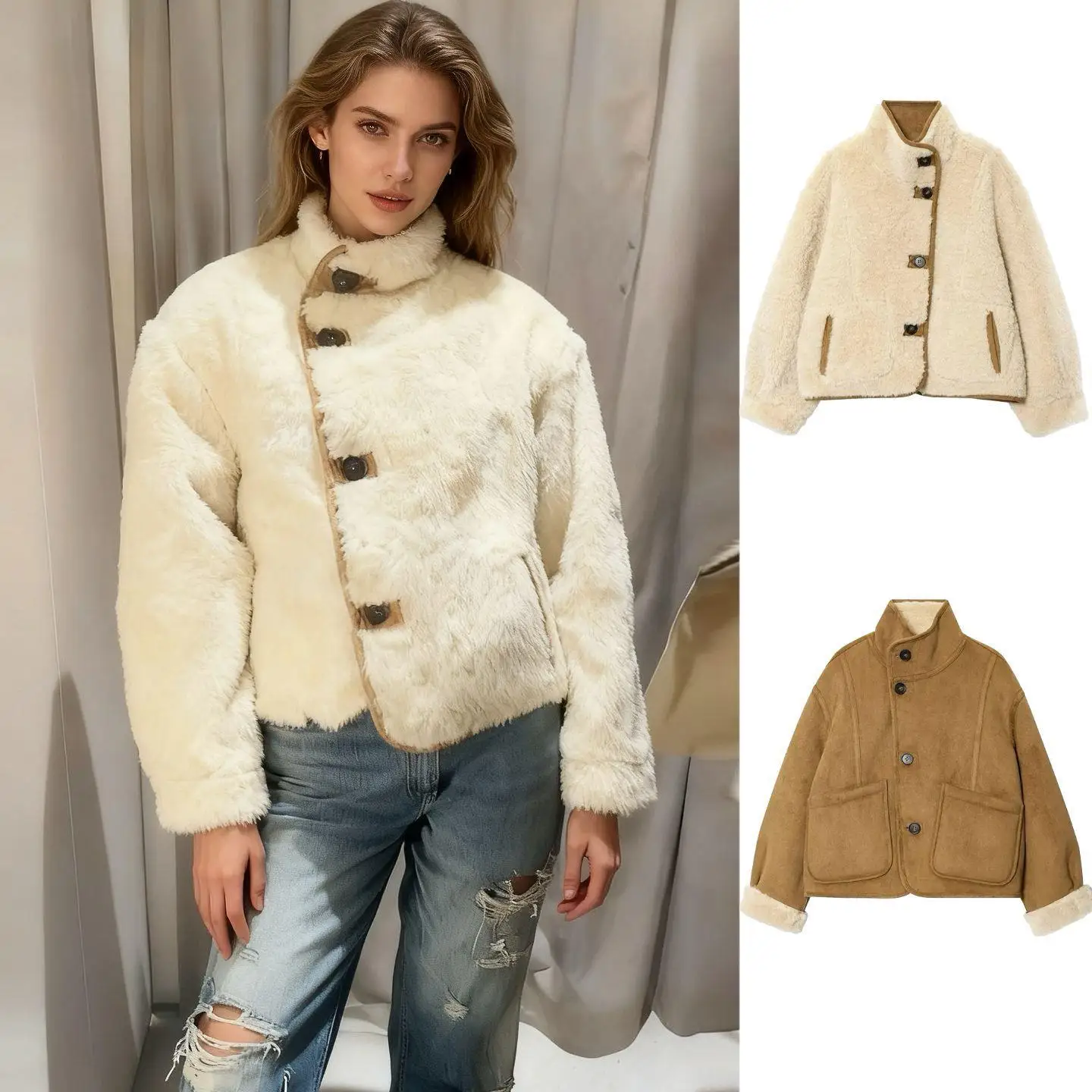 

Double-Sided Wear Loose Versatile Women's Outerwear Faionable All-Match Outer Jaet lectual Sle Thiened PU Material