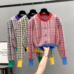 Spring and Autumn fashion retro socialite temperament color blocked herringbone grid short sweater cardigan jacket for women