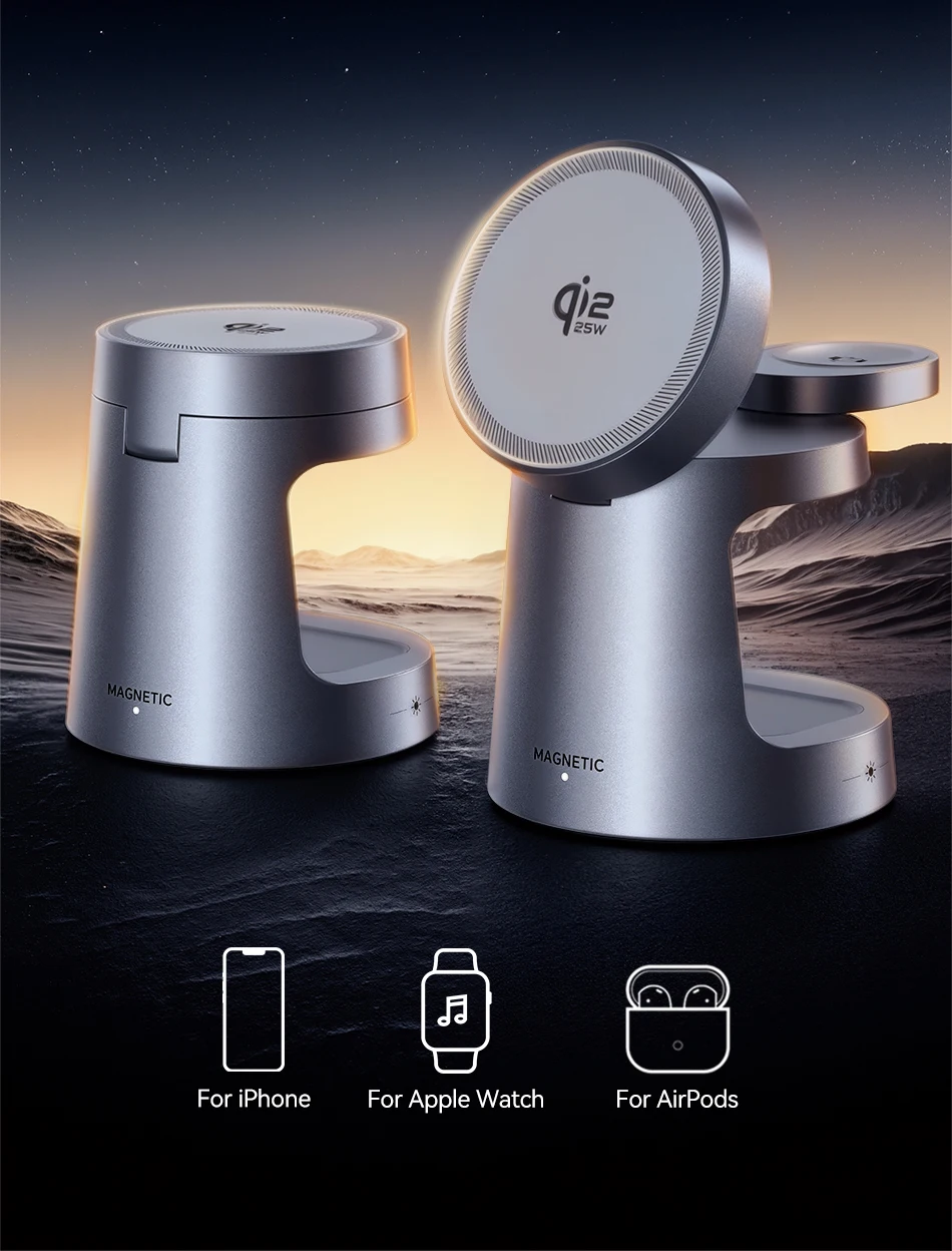 Rocoren 25W QI2.2 Mac Safe Charger Kabelloses Ladegerät 3-in-1 Tragbarer Ladeständer Telefonhalter für iPhone 17 16 Pro Max – Detail 2