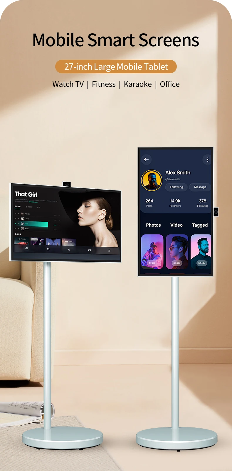 JEESTON 스마트 태블릿 27 인치 휴대용 스마트 TV Android13 IPS 터치 스크린 높이 조절 가능 100WH 배터리 작업 시간 6-8 시간