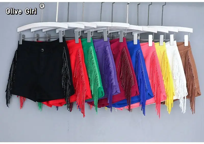 Olivegirl, pantalones cortos informales de cintura alta, multicolor, de verano para mujer, de gama alta, con borlas y lentejuelas, pantalones elásticos calientes, pantalones de abrigo