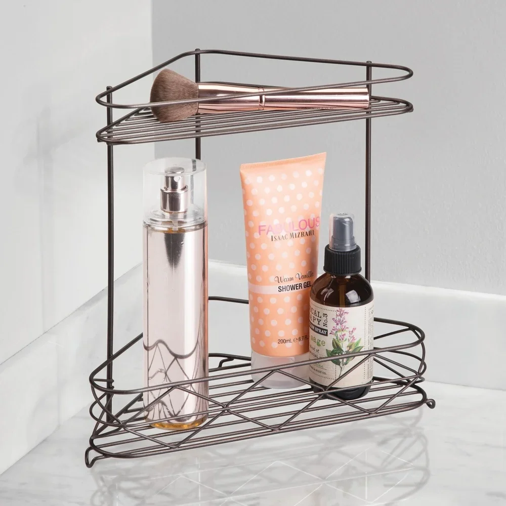 رف تخزين منظم دش ركن فولاذي مقاوم للصدأ، رف تخزين قائم بذاته، رف سلكي من طبقتين، غرف مختلفة مثالية