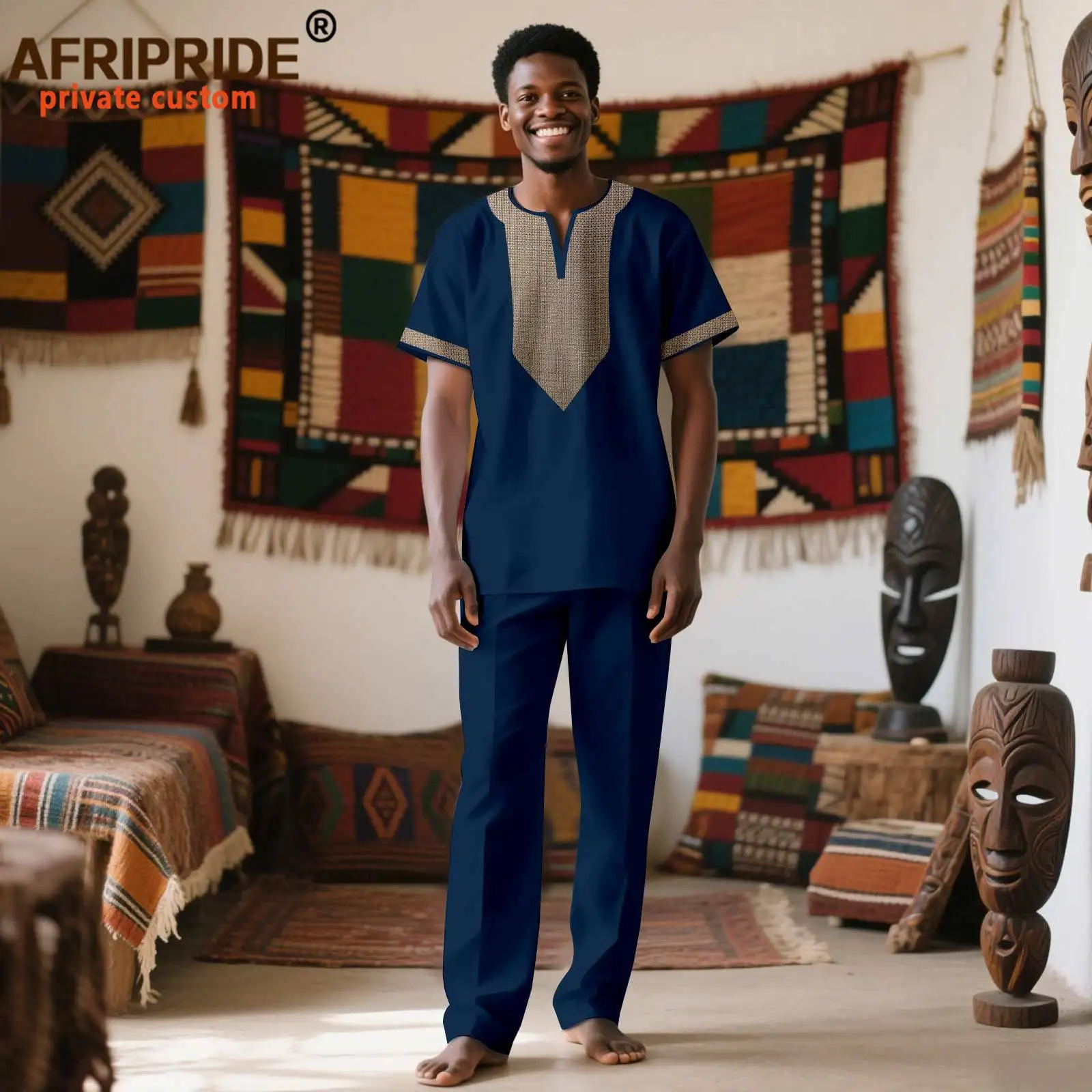 African Suits for Men Short Sleeve Embroidery Print Shirts and Pants 2 Piece Set Dashiki Outfits for Wedding Evening 2516062