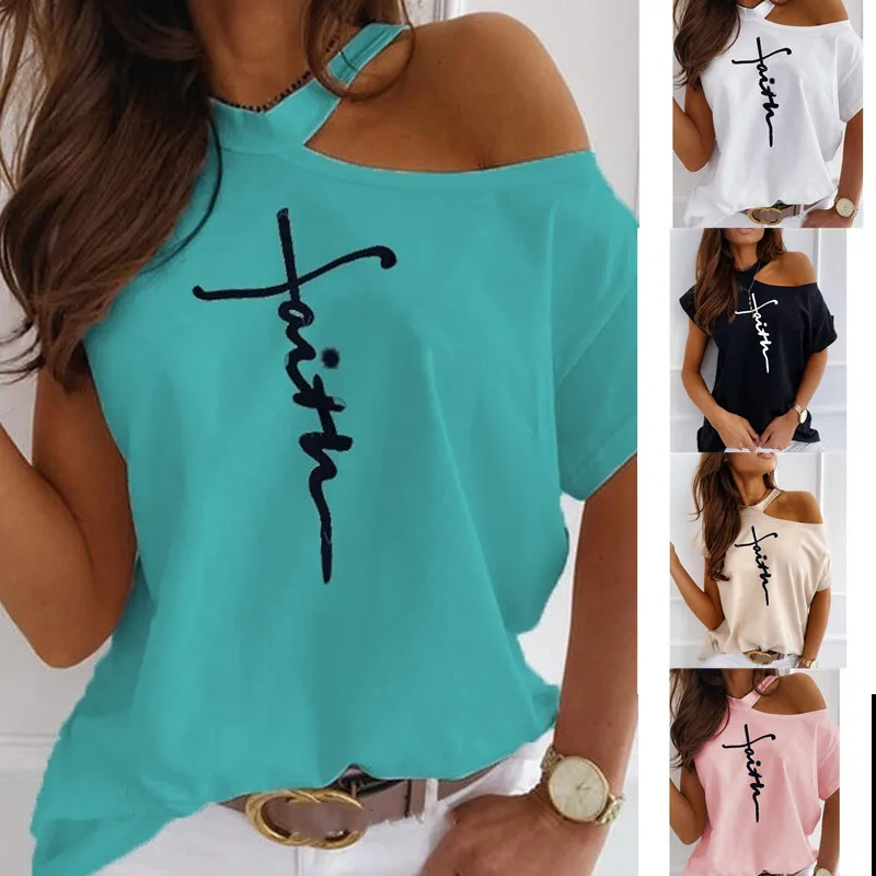 

European And American Casual T-irt Letter Print Off-oulder Top Street Sle round Ne Long Sve Loose Fit Summer