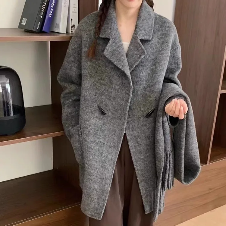 Hepburn style high-end double-sided cashmere coat women's scarf 2024 autumn and winter Korean version loose woolen coat