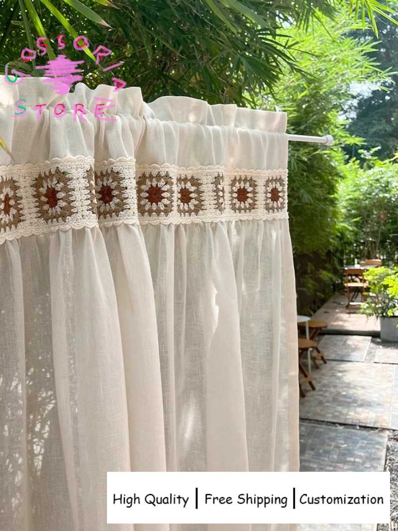 

Sample Custom Gentle Caramel Retro Curtains for Living Room Translucent Window Screen Cotton Door Partition Elegant Drapes Decor