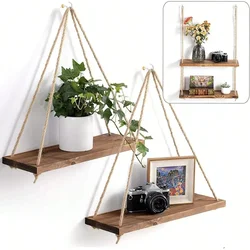 1PC Wooden Swing Hanging Hemp Rope Wall Shelve Mounted Floating Home Living Room Plant Flower Pot Tray Storage Garden Decoration