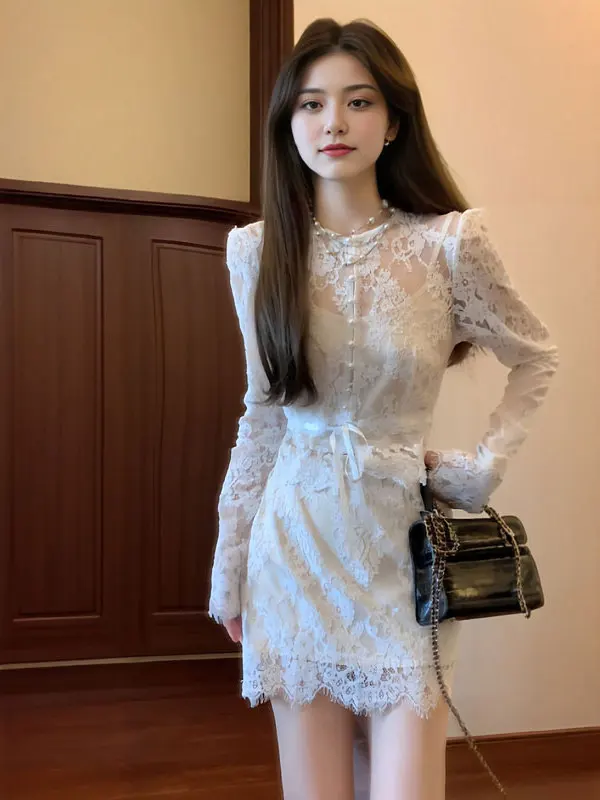 

Elegant Lace Top And Skirt Set Three Piece Suite for Important Occasions Bodycon High Waist Short Skirt Comfortable Spring Fa...