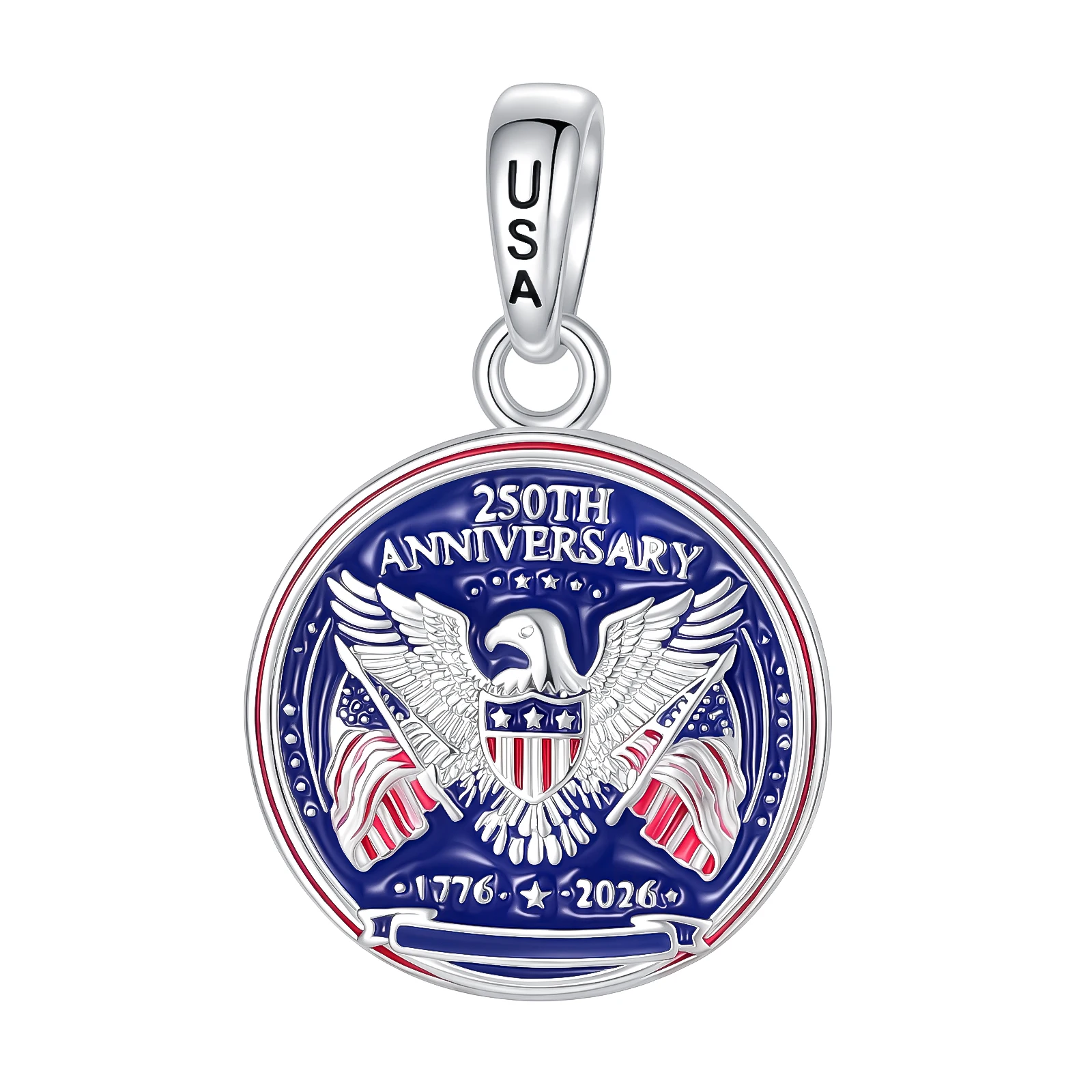 925 Sterling Silver Patriotic USA Commemorative Dangle Charm American Eagle & US Flag Round Pendant Fit Bracelet Jewelry Gift