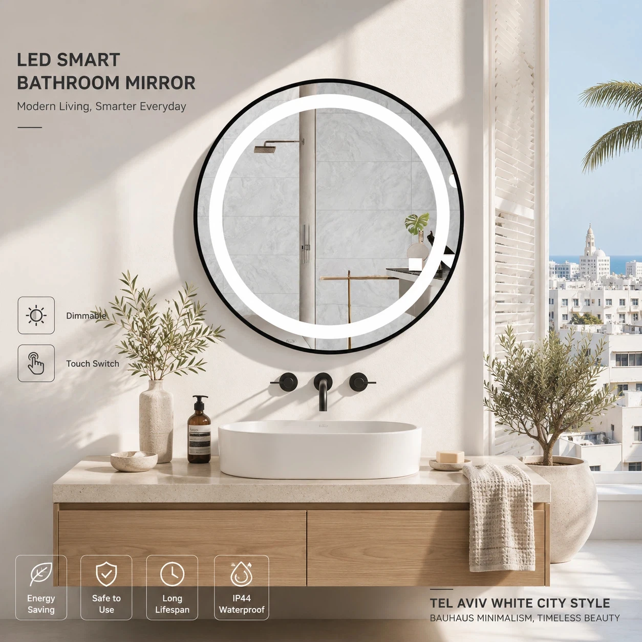 Anti-Fog LED Backlit Bathroom Mirror 50cm Round Touch Dimmable 3 Colors Smart Mirror Wall Mount Vanity Makeup Defog