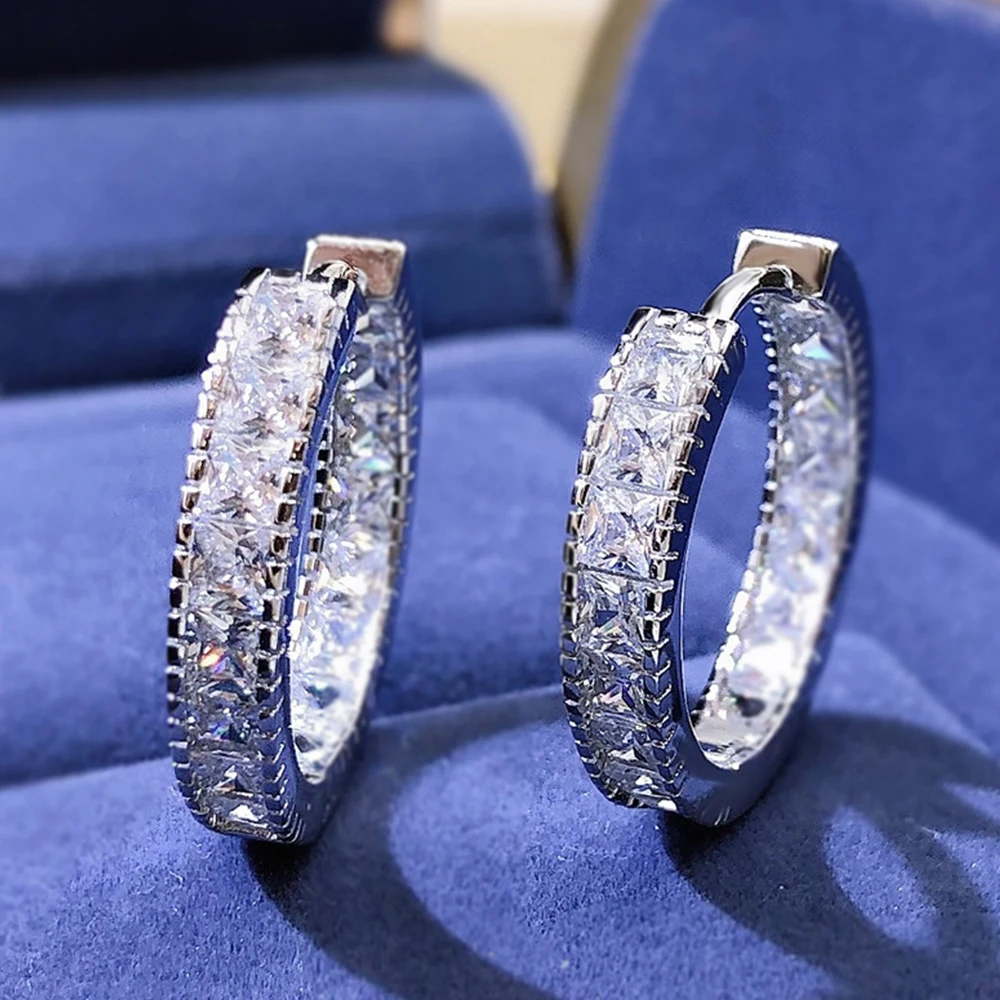 Huitan Luxury Square Cubic Zirconia Circle Hoop Earrings for Women Silver Color Fashion Versatile Lady's Ear Rings Trend Jewelry