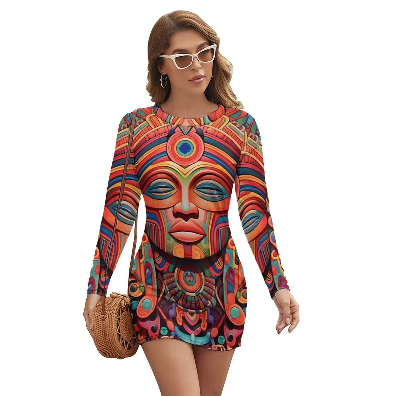 Abstract Aztec Art Bodycon Dress Autumn  Retro Dresses Womens Long Sleeve Custom Street Style Dress Big Size