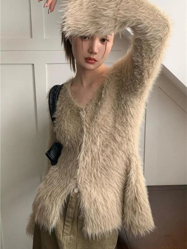 Y2k Aesthetic Casual Sweaters Women Autumn Harajuku Vintage Fluffy Cardigans 2024 Solid Grunge Fashion V-neck Coats All Match