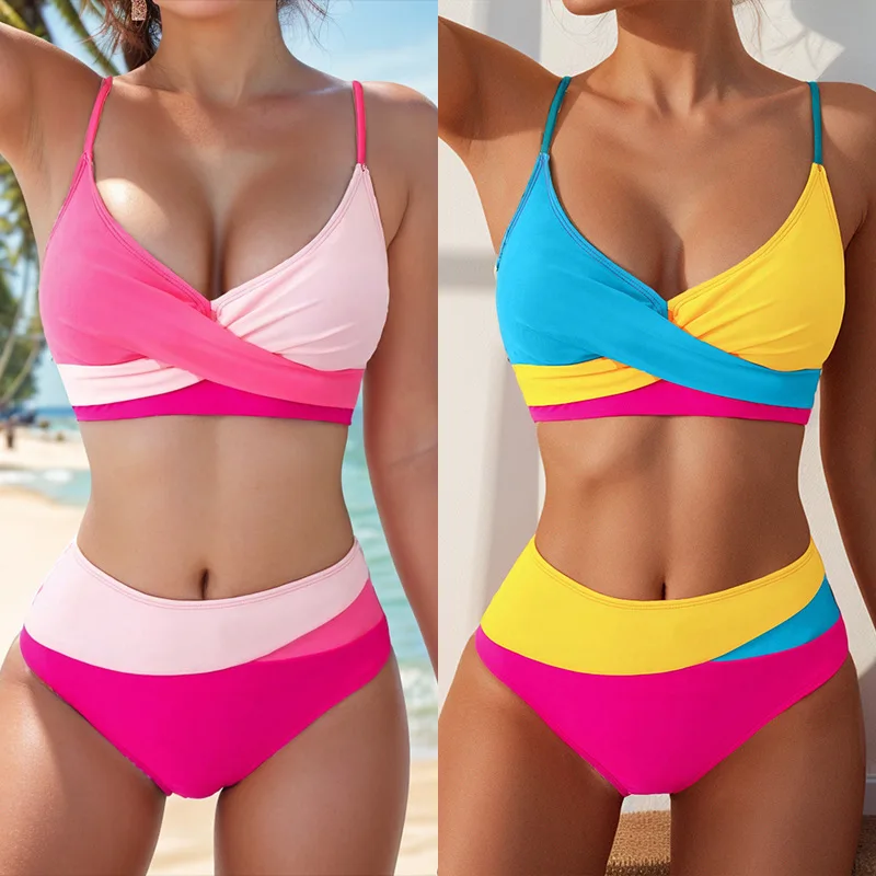 2024 Criss cross Color Block Bikini mit hoher Taille setzt zweiteiligen Badeanzug für Sommer Strand ootd Kleidung Outfits Berufung